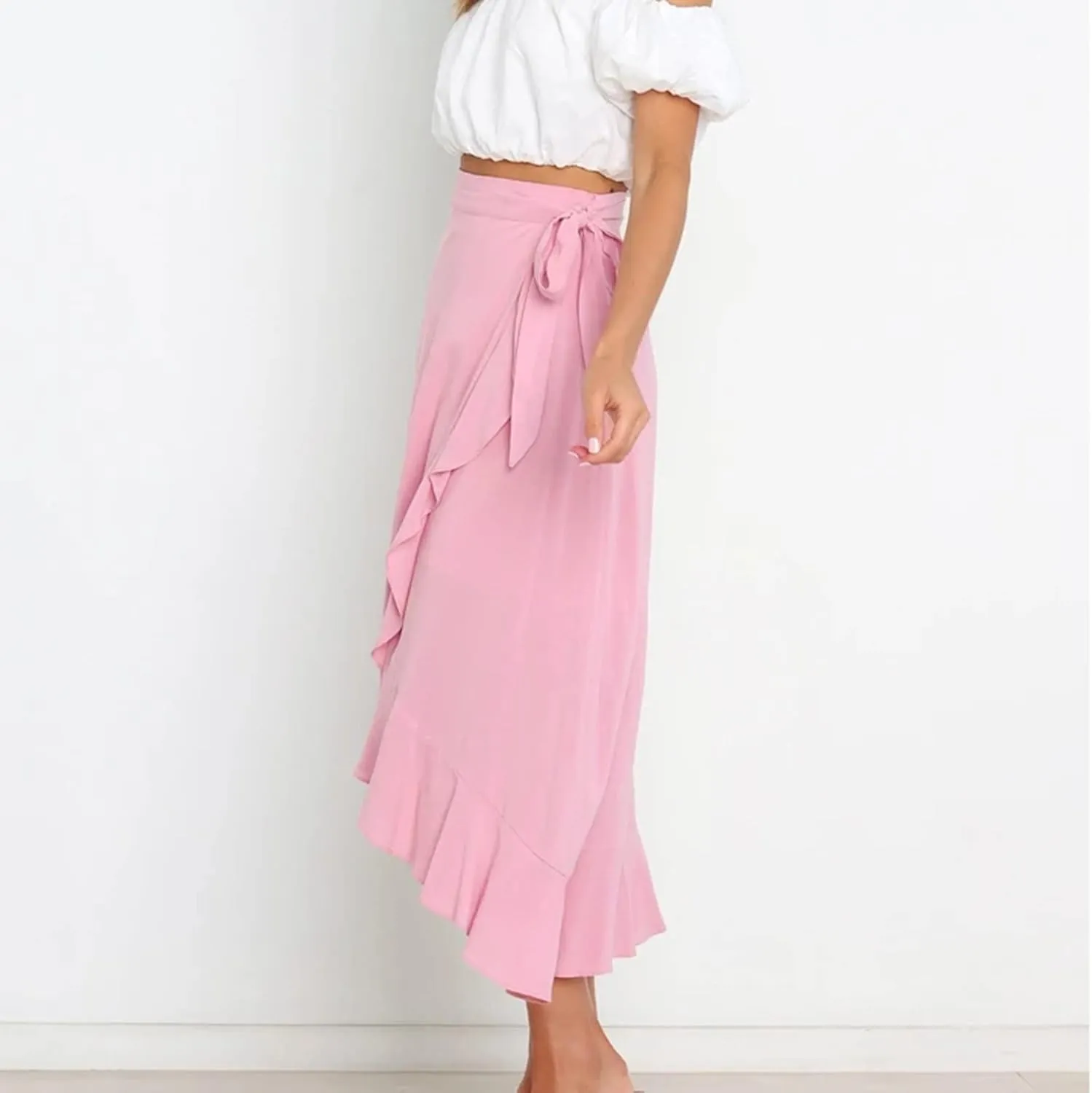 A Line Skirt for Women Elegant Flowy Ruffle Hip-Wrapped Skirts Lace up Irregular Skirt Fashion Solid Color Skirts