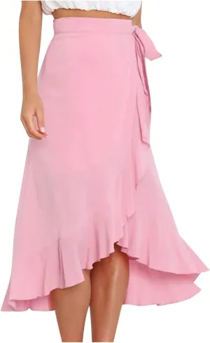 A Line Skirt for Women Elegant Flowy Ruffle Hip-Wrapped Skirts Lace up Irregular Skirt Fashion Solid Color Skirts
