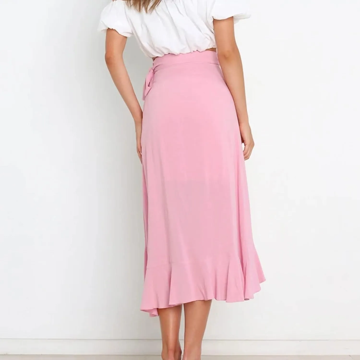 A Line Skirt for Women Elegant Flowy Ruffle Hip-Wrapped Skirts Lace up Irregular Skirt Fashion Solid Color Skirts