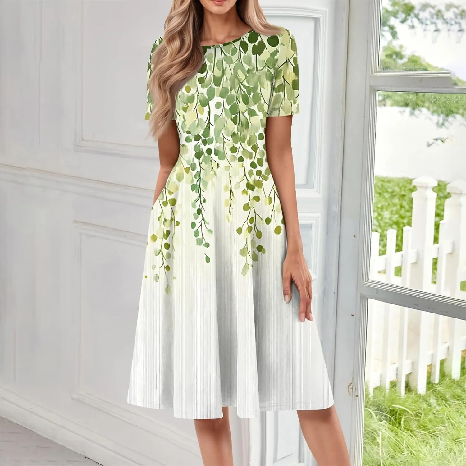 ADHOWBEW Bohemian Dress for Women Beach Hawaiian Casual Sexy Trendy O Neck Short Sleeve Dresses