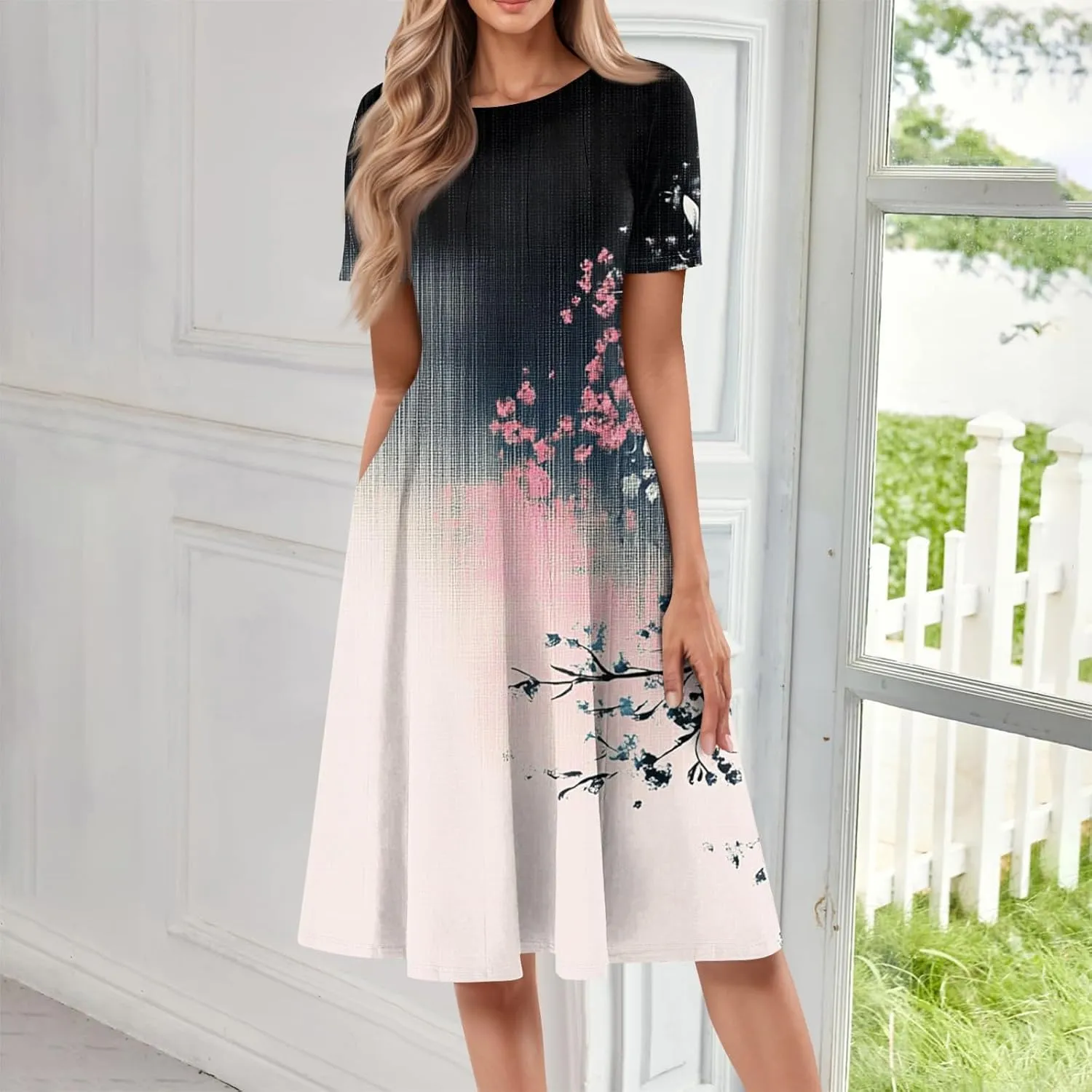 ADHOWBEW Bohemian Dress for Women Beach Hawaiian Casual Sexy Trendy O Neck Short Sleeve Dresses