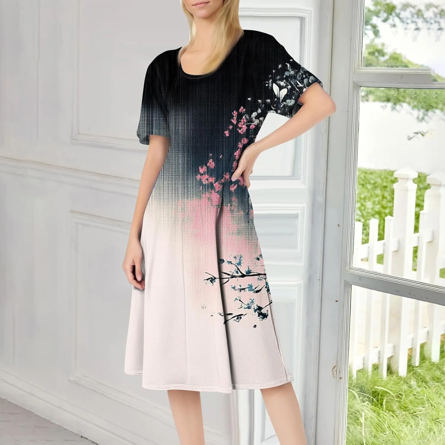 ADHOWBEW Bohemian Dress for Women Beach Hawaiian Casual Sexy Trendy O Neck Short Sleeve Dresses