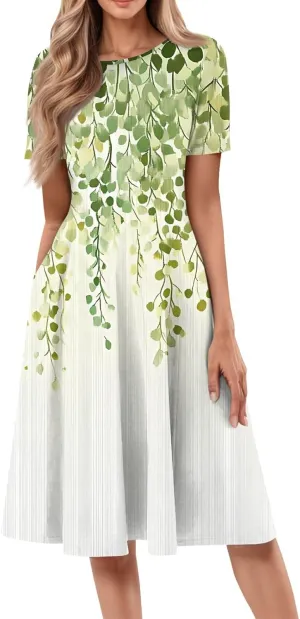 ADHOWBEW Bohemian Dress for Women Beach Hawaiian Casual Sexy Trendy O Neck Short Sleeve Dresses