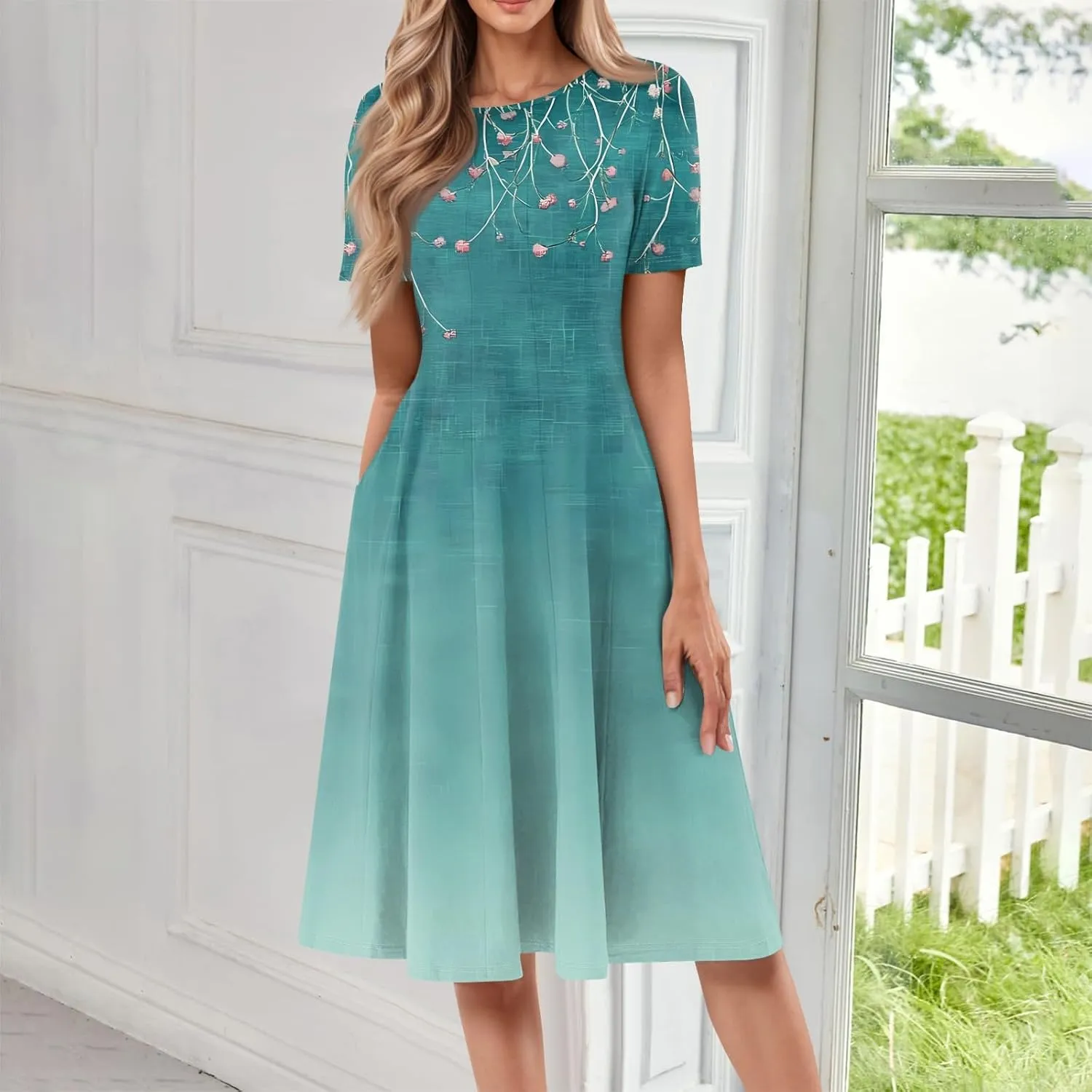 ADHOWBEW Bohemian Dress for Women Beach Hawaiian Casual Sexy Trendy O Neck Short Sleeve Dresses