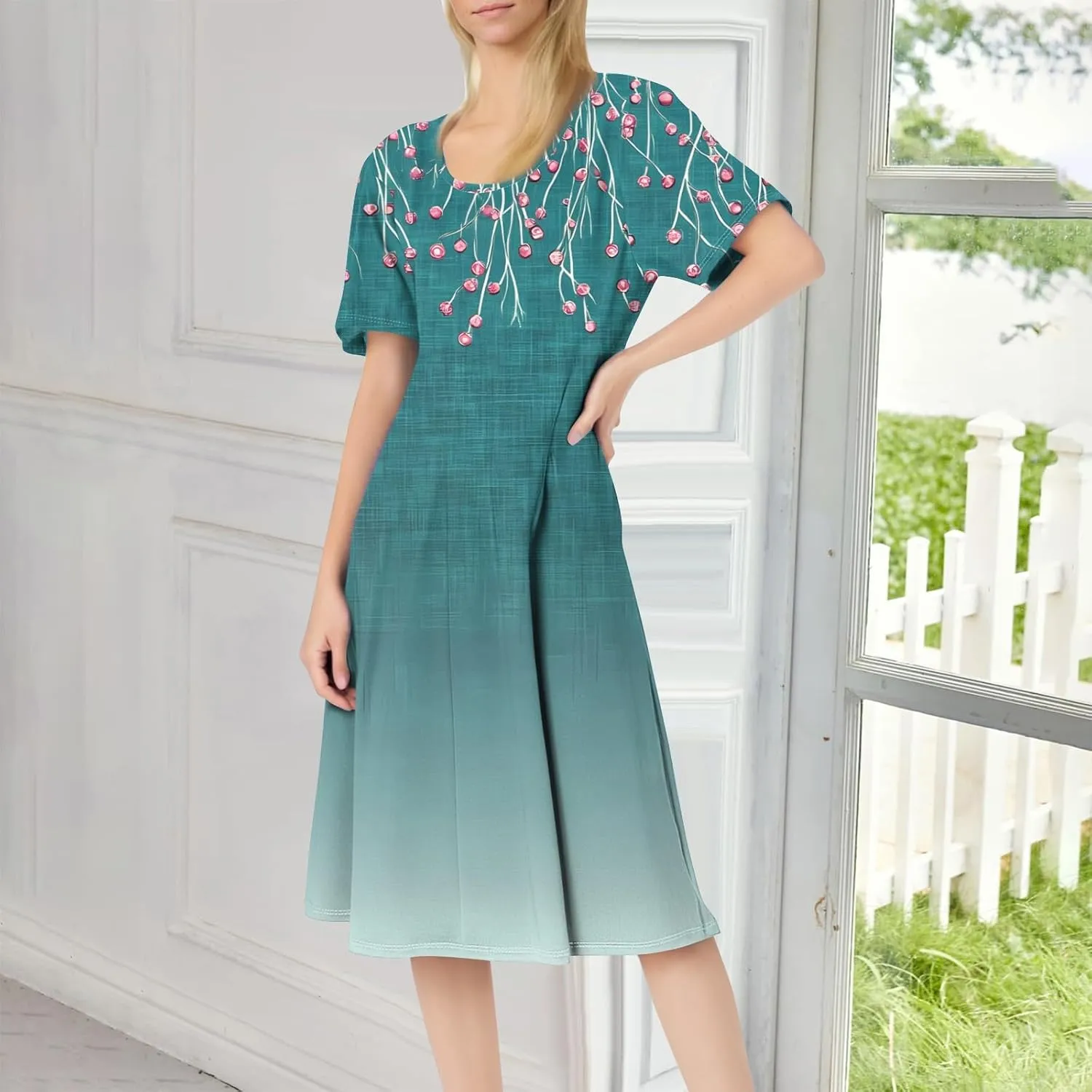 ADHOWBEW Bohemian Dress for Women Beach Hawaiian Casual Sexy Trendy O Neck Short Sleeve Dresses