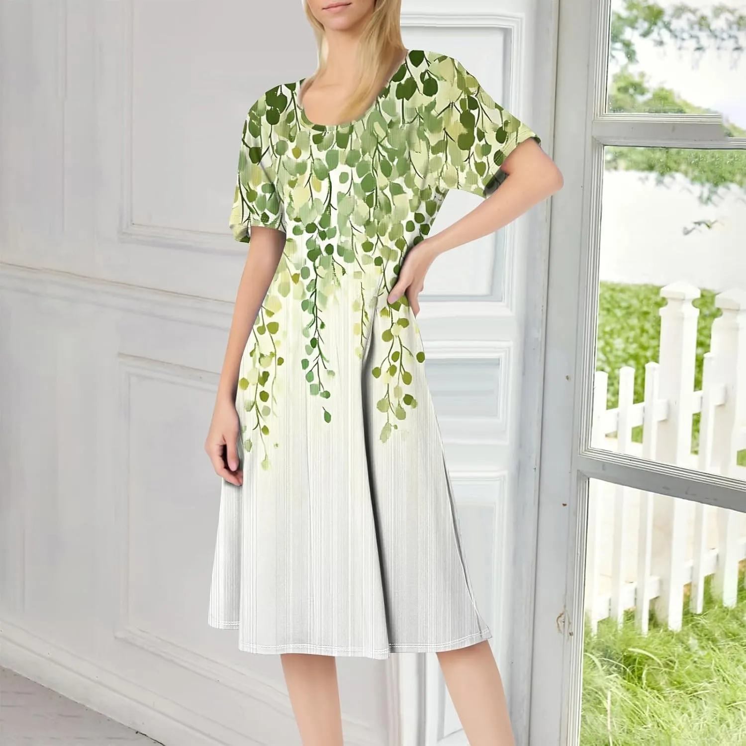 ADHOWBEW Bohemian Dress for Women Beach Hawaiian Casual Sexy Trendy O Neck Short Sleeve Dresses