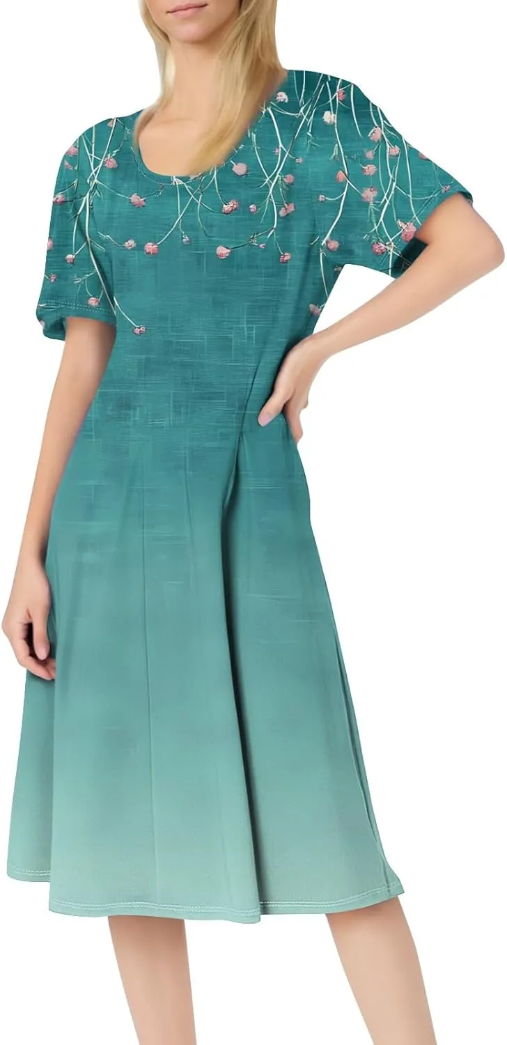 ADHOWBEW Bohemian Dress for Women Beach Hawaiian Casual Sexy Trendy O Neck Short Sleeve Dresses