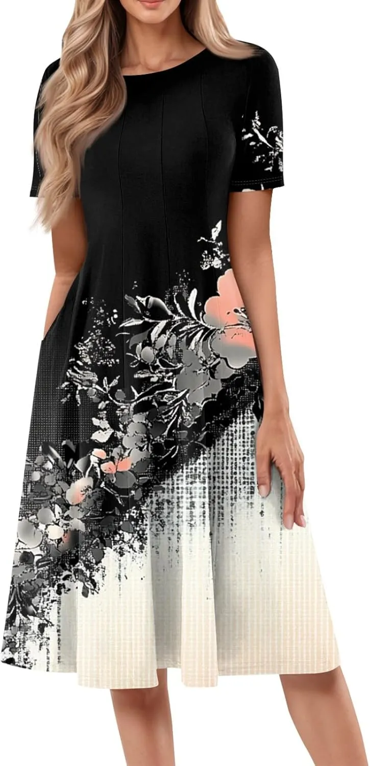 ADHOWBEW Bohemian Dress for Women Beach Hawaiian Casual Sexy Trendy O Neck Short Sleeve Dresses