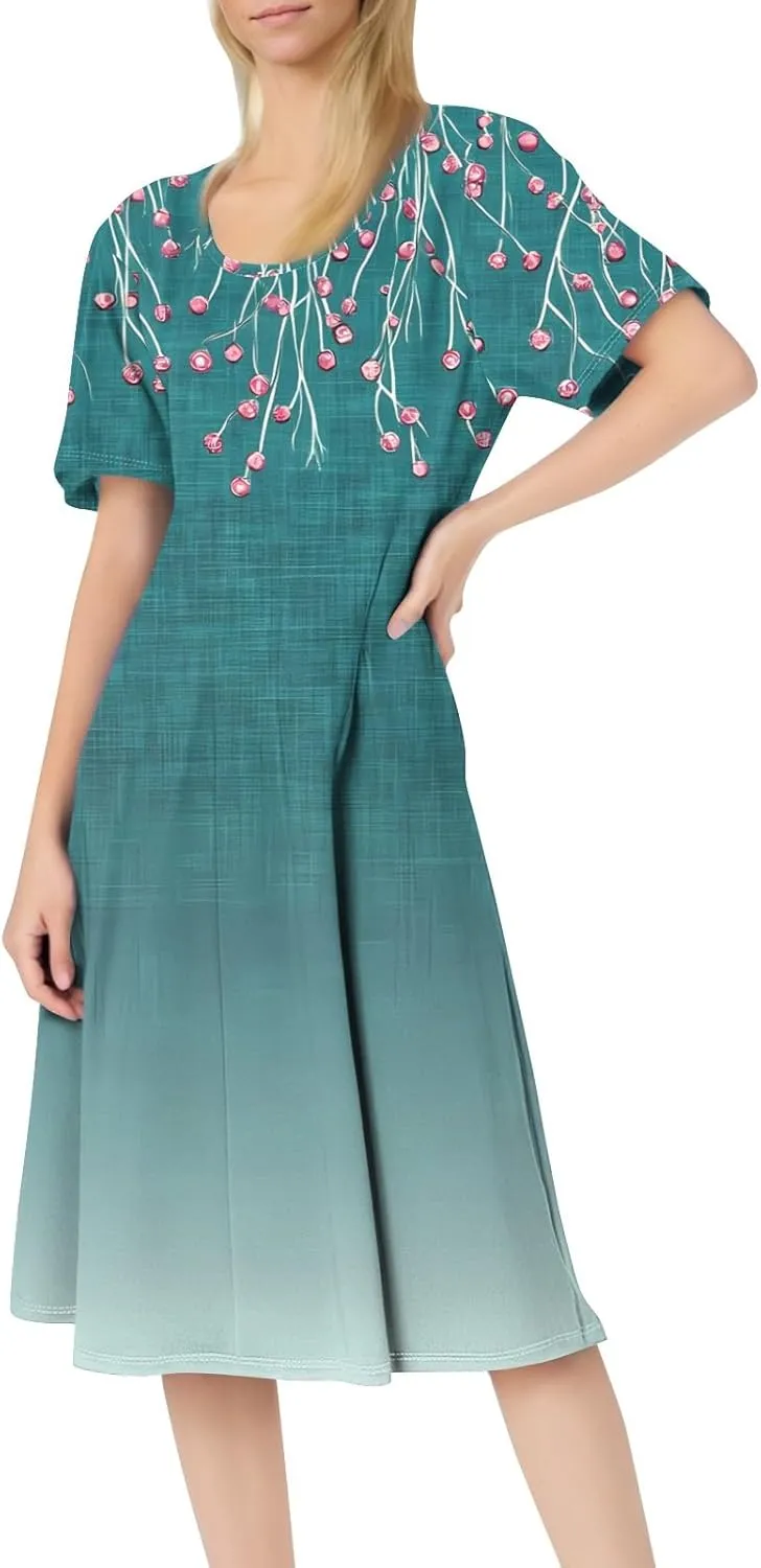 ADHOWBEW Bohemian Dress for Women Beach Hawaiian Casual Sexy Trendy O Neck Short Sleeve Dresses