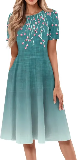 ADHOWBEW Bohemian Dress for Women Beach Hawaiian Casual Sexy Trendy O Neck Short Sleeve Dresses