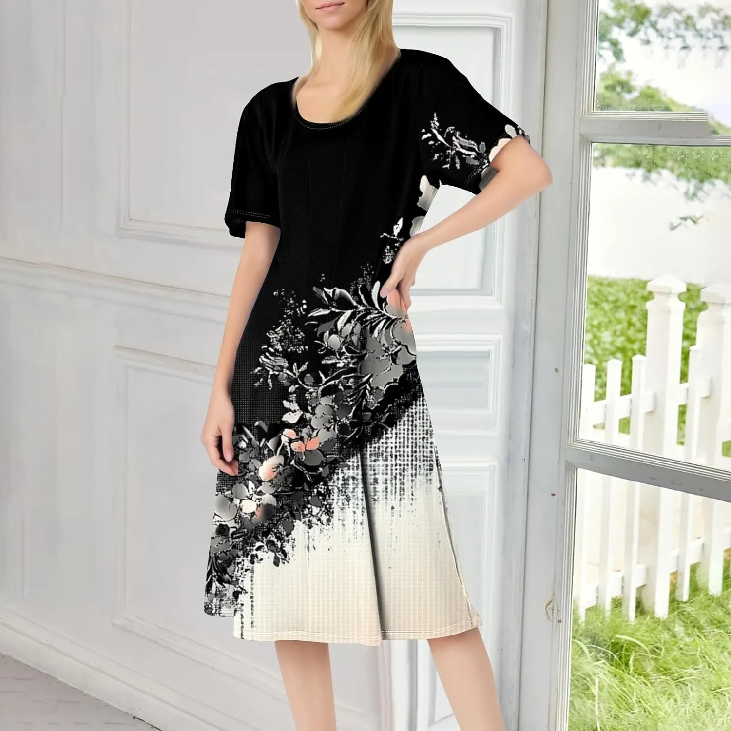 ADHOWBEW Bohemian Dress for Women Beach Hawaiian Casual Sexy Trendy O Neck Short Sleeve Dresses