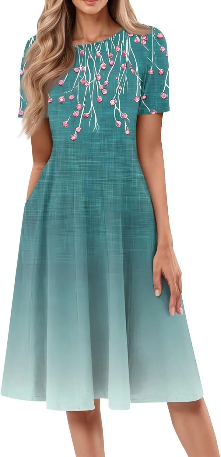 ADHOWBEW Bohemian Dress for Women Beach Hawaiian Casual Sexy Trendy O Neck Short Sleeve Dresses