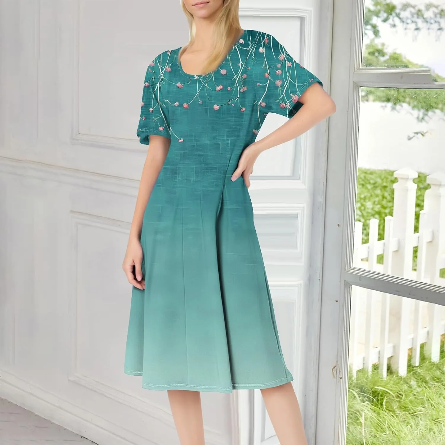 ADHOWBEW Bohemian Dress for Women Beach Hawaiian Casual Sexy Trendy O Neck Short Sleeve Dresses