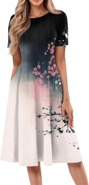 ADHOWBEW Bohemian Dress for Women Beach Hawaiian Casual Sexy Trendy O Neck Short Sleeve Dresses