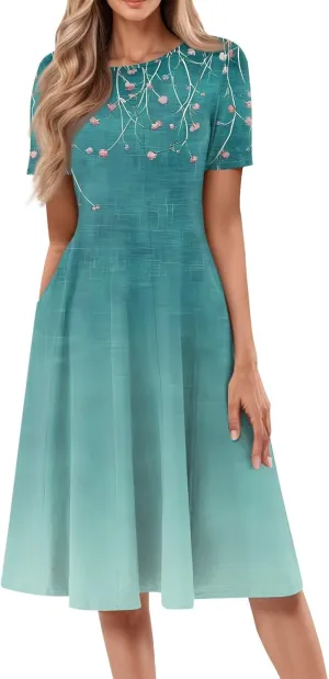 ADHOWBEW Bohemian Dress for Women Beach Hawaiian Casual Sexy Trendy O Neck Short Sleeve Dresses