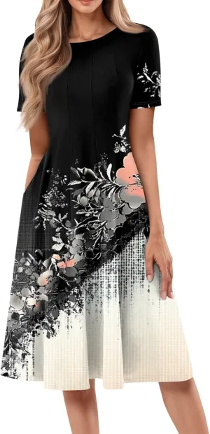 ADHOWBEW Bohemian Dress for Women Beach Hawaiian Casual Sexy Trendy O Neck Short Sleeve Dresses