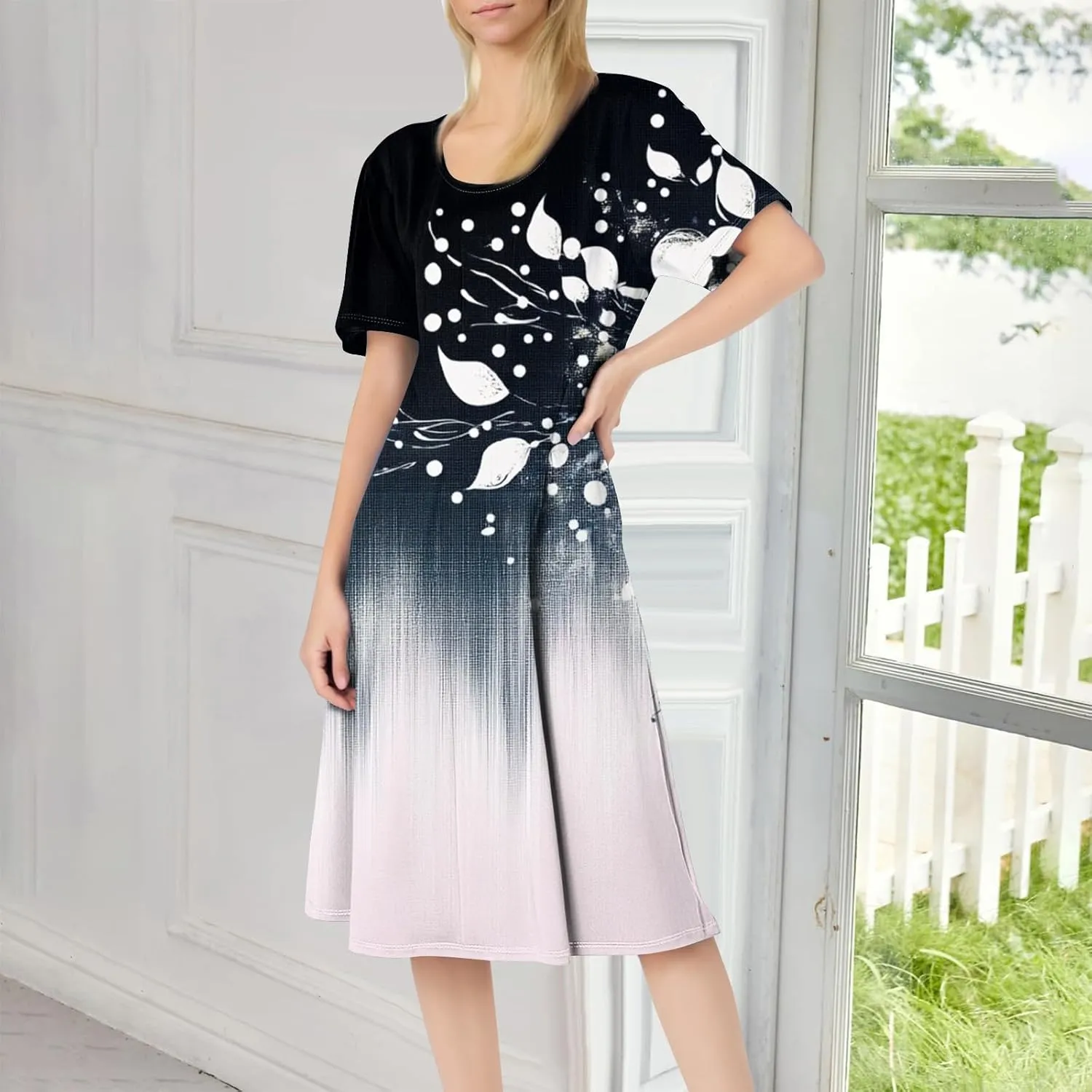 ADHOWBEW Bohemian Dress for Women Beach Hawaiian Casual Sexy Trendy O Neck Short Sleeve Dresses