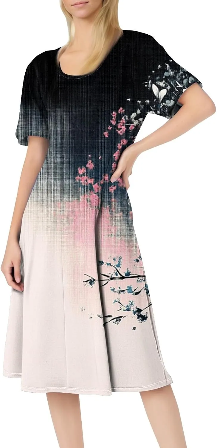 ADHOWBEW Bohemian Dress for Women Beach Hawaiian Casual Sexy Trendy O Neck Short Sleeve Dresses