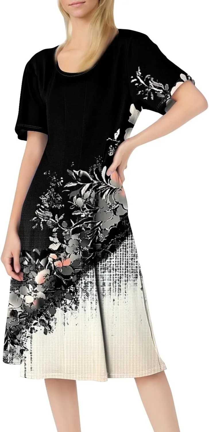 ADHOWBEW Bohemian Dress for Women Beach Hawaiian Casual Sexy Trendy O Neck Short Sleeve Dresses