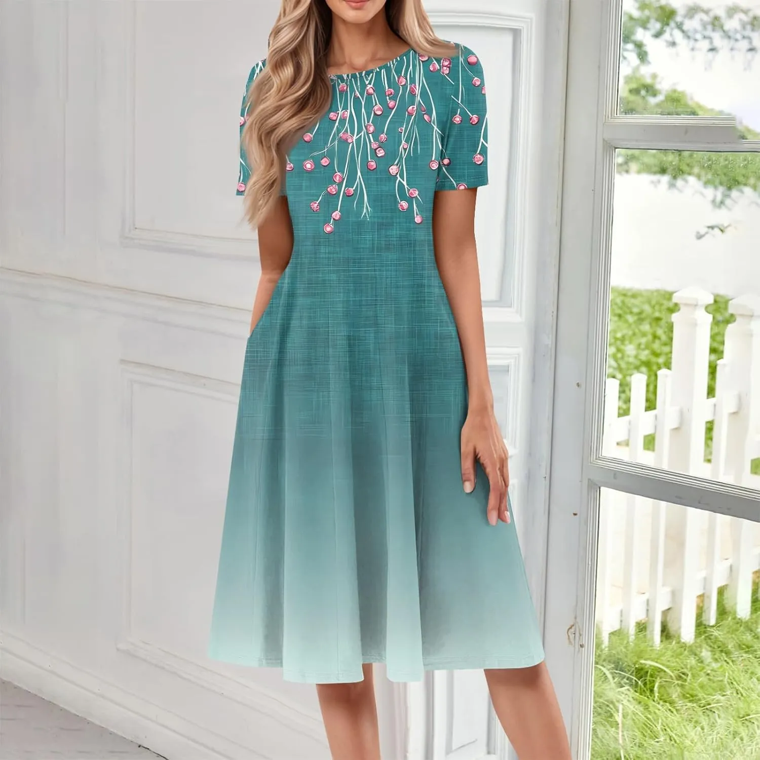 ADHOWBEW Bohemian Dress for Women Beach Hawaiian Casual Sexy Trendy O Neck Short Sleeve Dresses