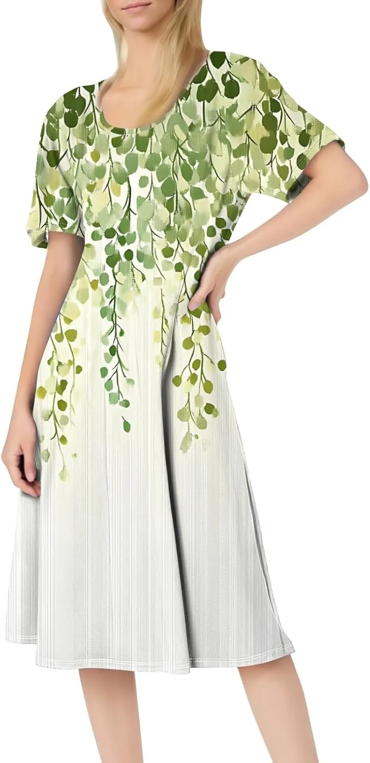 ADHOWBEW Bohemian Dress for Women Beach Hawaiian Casual Sexy Trendy O Neck Short Sleeve Dresses