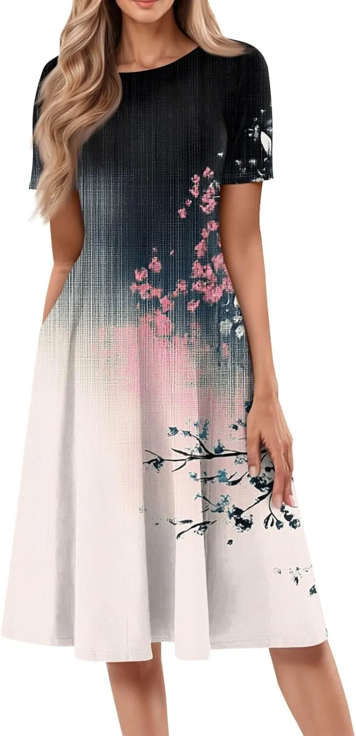 ADHOWBEW Bohemian Dress for Women Beach Hawaiian Casual Sexy Trendy O Neck Short Sleeve Dresses