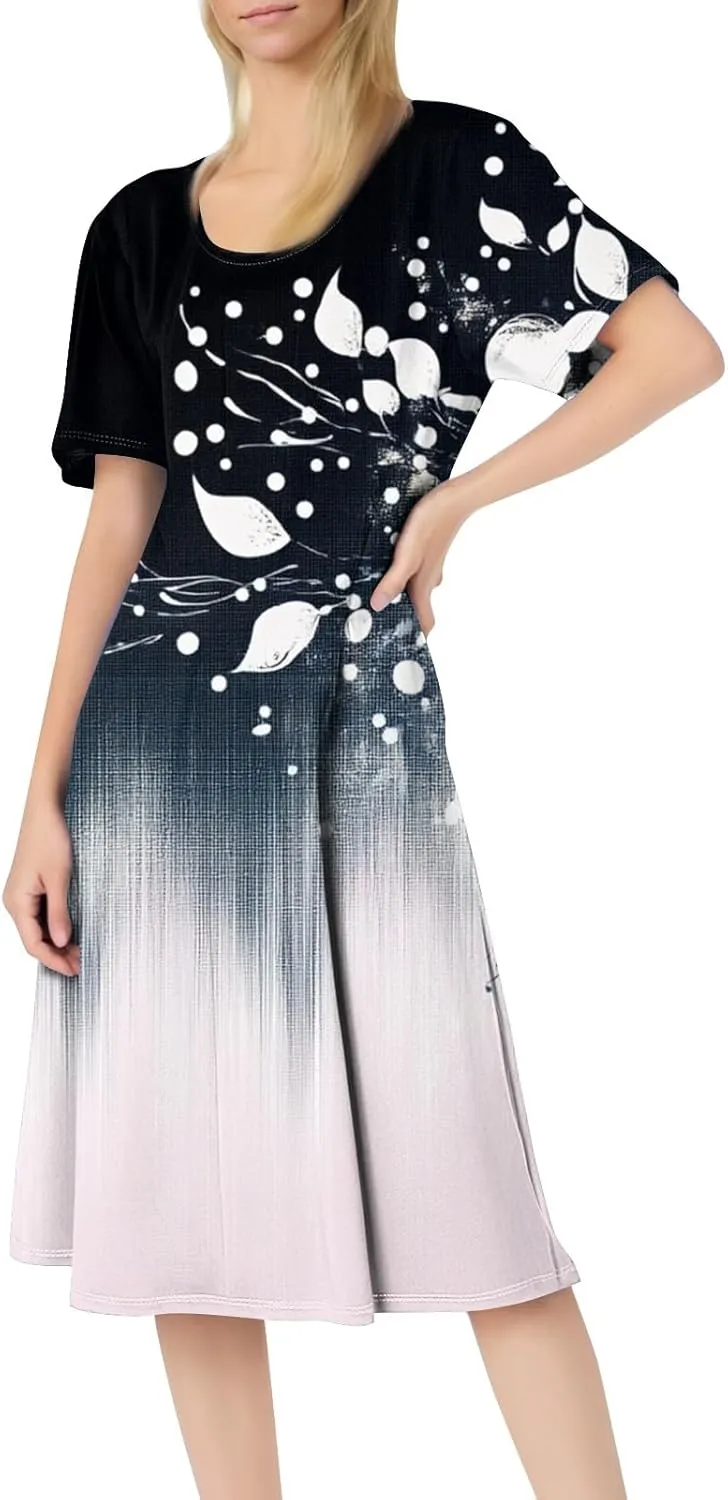 ADHOWBEW Bohemian Dress for Women Beach Hawaiian Casual Sexy Trendy O Neck Short Sleeve Dresses