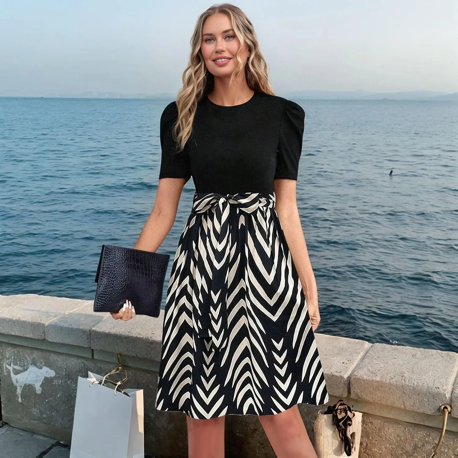 ADHOWBEW Womens Dresses Waist Tie Floral Print Round Neck Short Sleeve Graduation Sexy Beach Casual Dresses