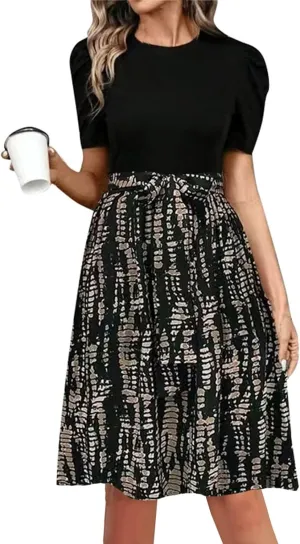 ADHOWBEW Womens Dresses Waist Tie Floral Print Round Neck Short Sleeve Graduation Sexy Beach Casual Dresses