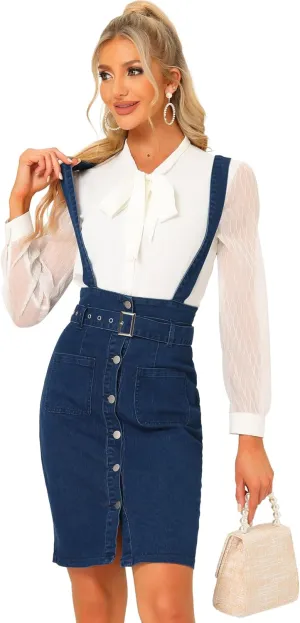 Allegra K Suspender Skirt for Women's High Waist Button Front Pencil Bodycon Skirts with Belt