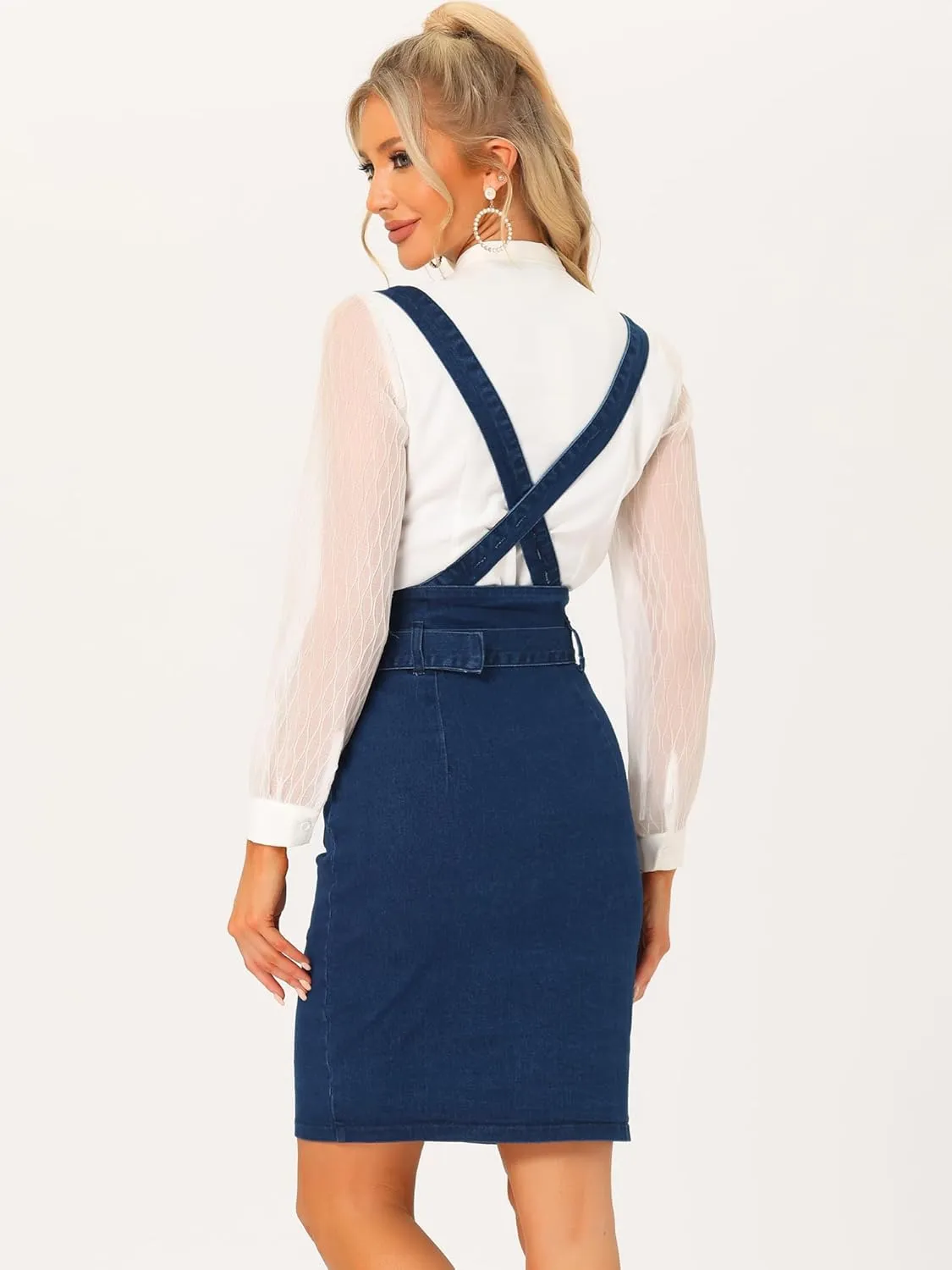 Allegra K Suspender Skirt for Women's High Waist Button Front Pencil Bodycon Skirts with Belt