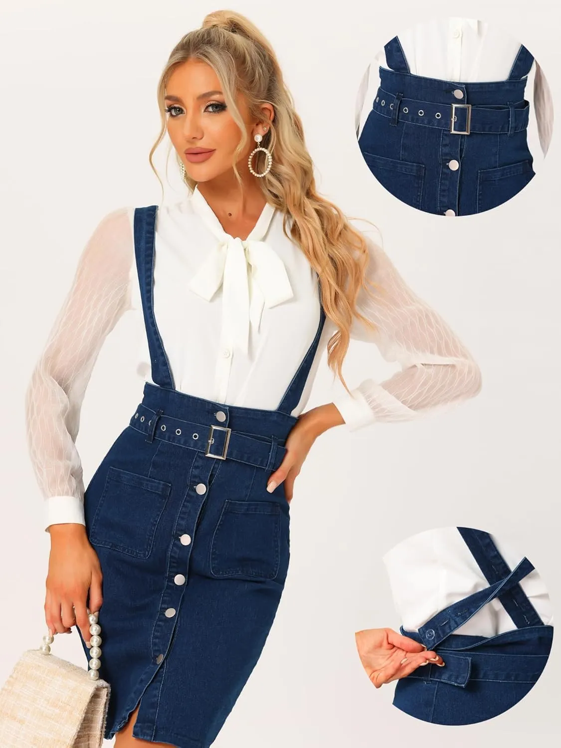 Allegra K Suspender Skirt for Women's High Waist Button Front Pencil Bodycon Skirts with Belt