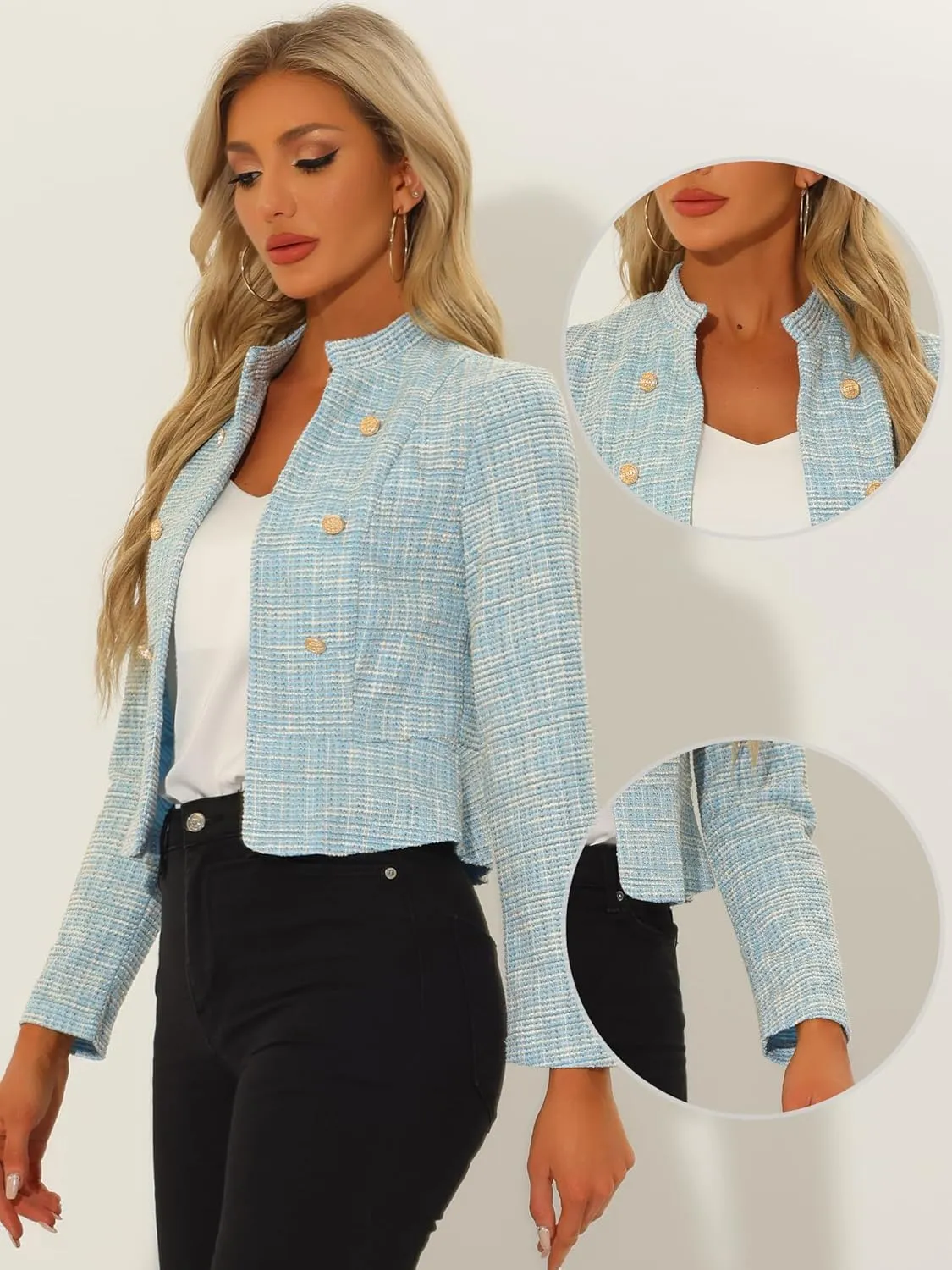 Allegra K Vintage Tweed Jackets for Women's Stand Collar Business Open Front Cropped Jacket