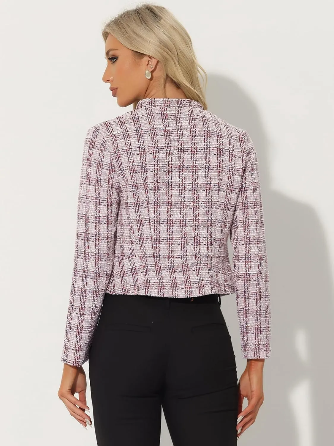 Allegra K Vintage Tweed Jackets for Women's Stand Collar Business Open Front Cropped Jacket