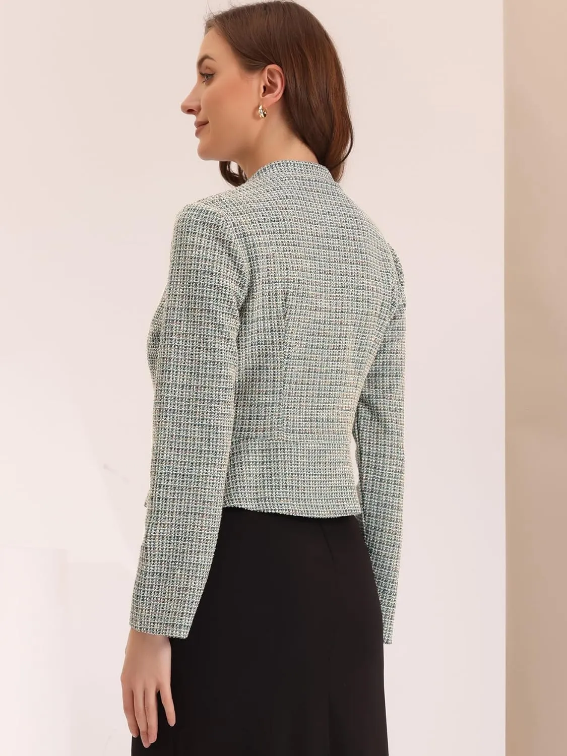 Allegra K Vintage Tweed Jackets for Women's Stand Collar Business Open Front Cropped Jacket