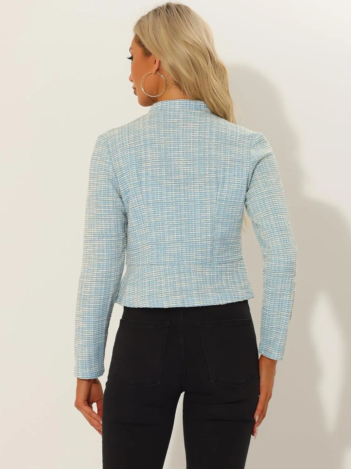 Allegra K Vintage Tweed Jackets for Women's Stand Collar Business Open Front Cropped Jacket