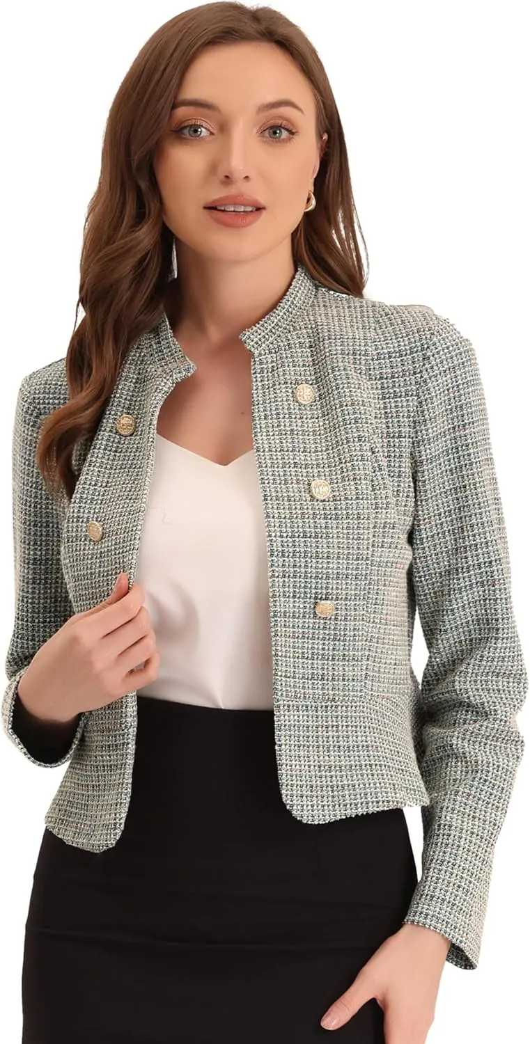 Allegra K Vintage Tweed Jackets for Women's Stand Collar Business Open Front Cropped Jacket