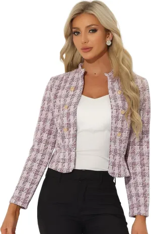 Allegra K Vintage Tweed Jackets for Women's Stand Collar Business Open Front Cropped Jacket