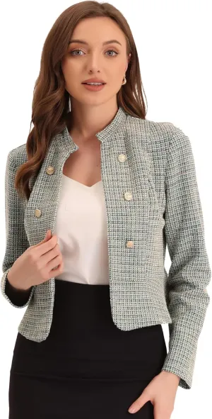 Allegra K Vintage Tweed Jackets for Women's Stand Collar Business Open Front Cropped Jacket