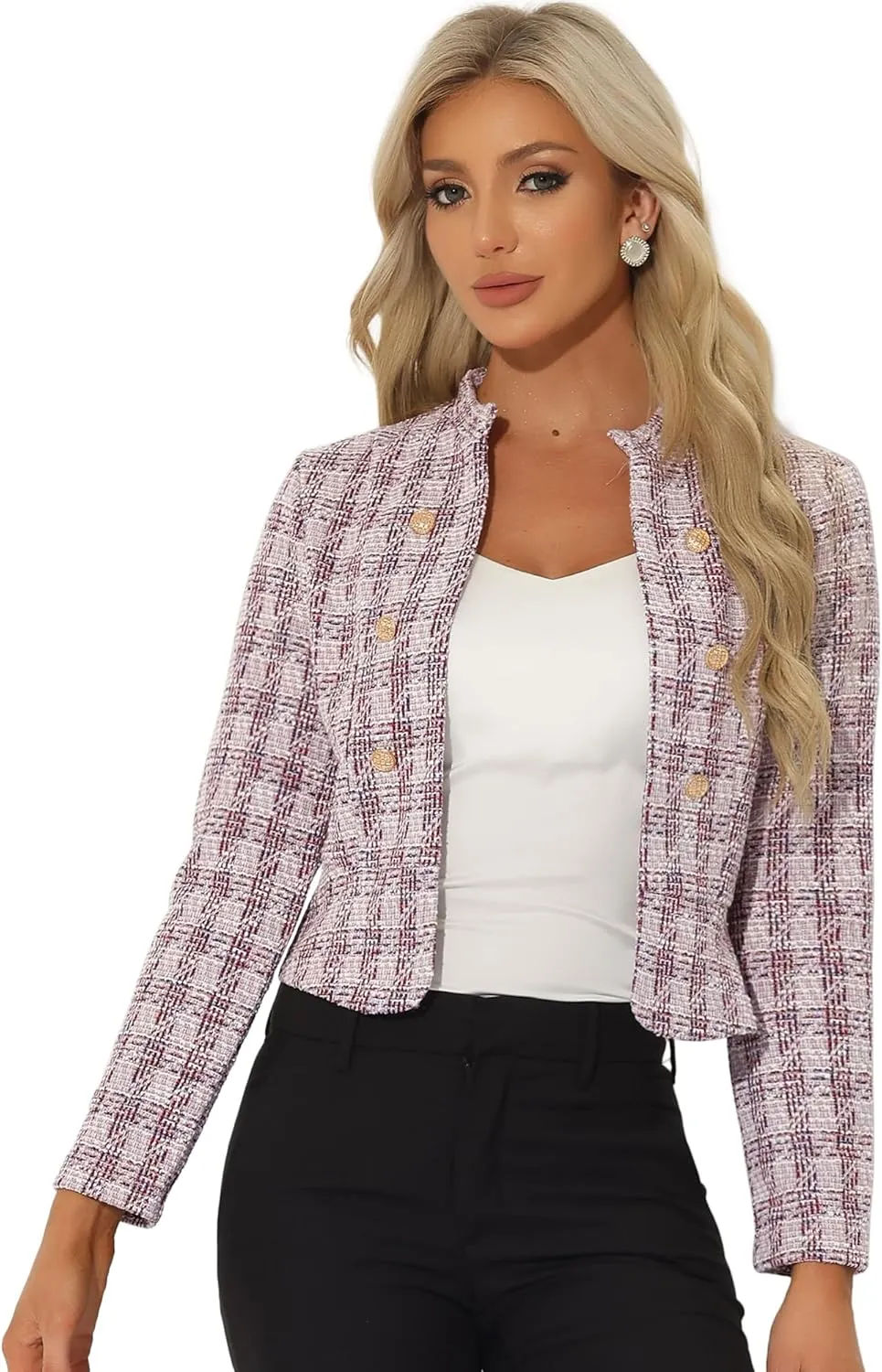 Allegra K Vintage Tweed Jackets for Women's Stand Collar Business Open Front Cropped Jacket