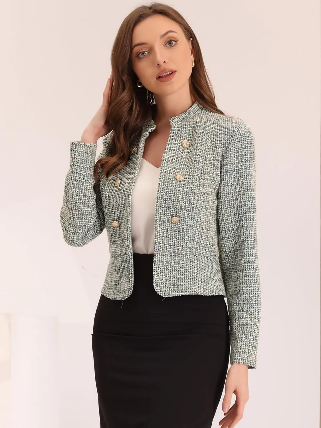 Allegra K Vintage Tweed Jackets for Women's Stand Collar Business Open Front Cropped Jacket