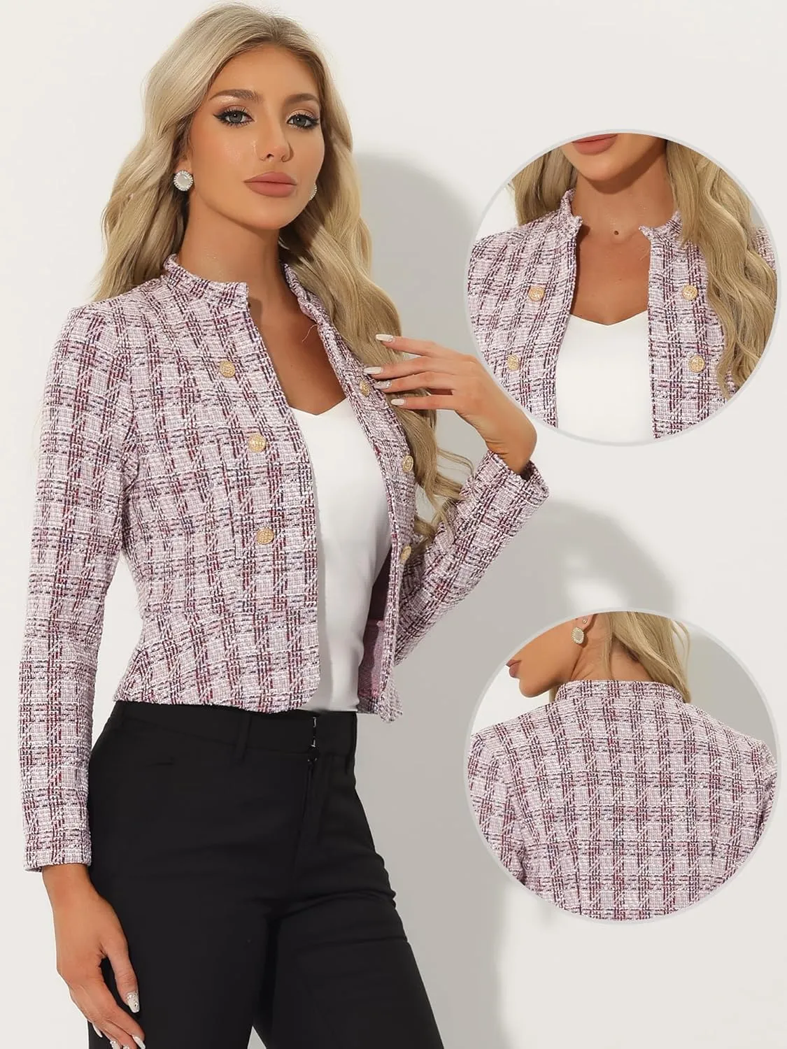 Allegra K Vintage Tweed Jackets for Women's Stand Collar Business Open Front Cropped Jacket