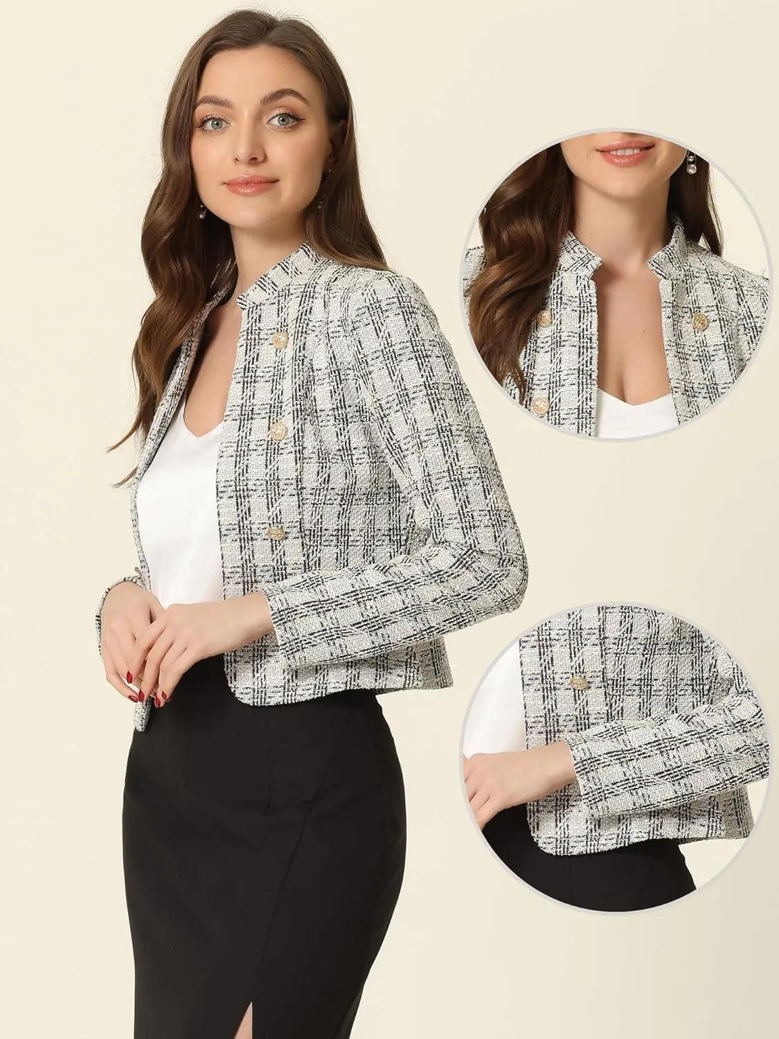Allegra K Vintage Tweed Jackets for Women's Stand Collar Business Open Front Cropped Jacket