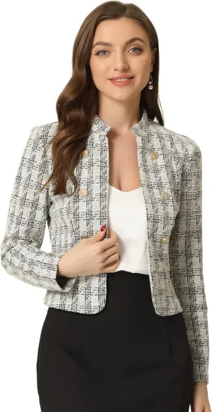 Allegra K Vintage Tweed Jackets for Women's Stand Collar Business Open Front Cropped Jacket