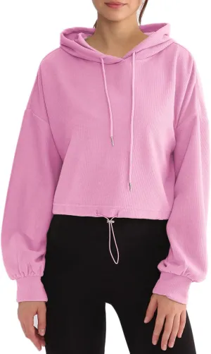 Amazhiyu Womens Cropped Hoodie Waffle Knit Drop Shoulder Drawstring Crop Top