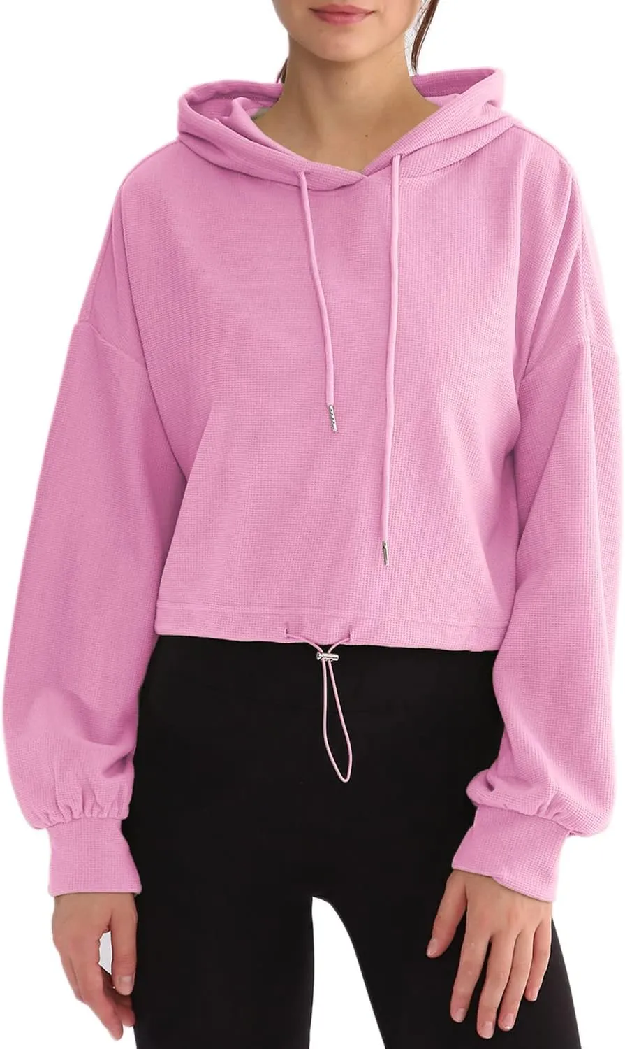 Amazhiyu Womens Cropped Hoodie Waffle Knit Drop Shoulder Drawstring Crop Top