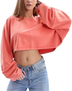 Amazhiyu Womens Washed High Cropped Sweatshirt Pullover Crew Neck Fall Crop Top