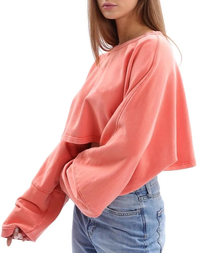 Amazhiyu Womens Washed High Cropped Sweatshirt Pullover Crew Neck Fall Crop Top