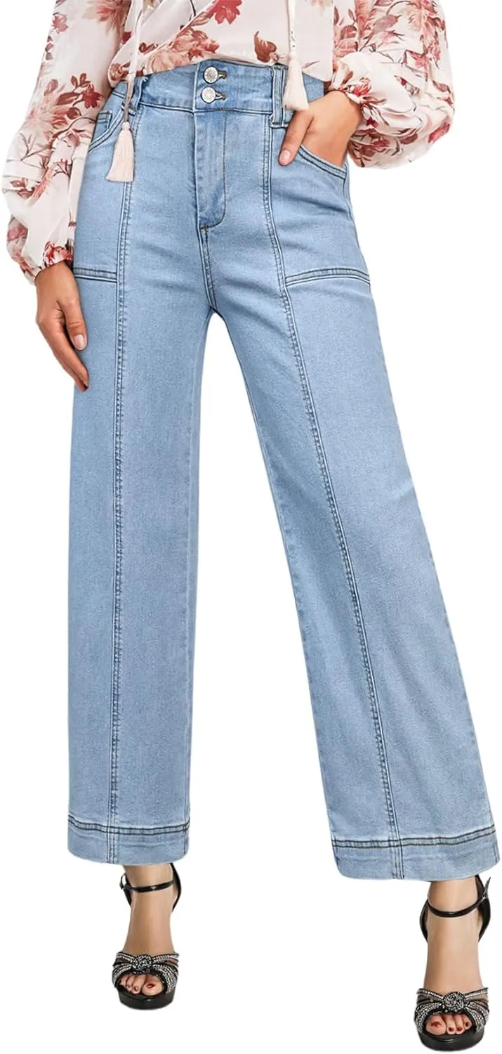 Astylish Womens High Waisted Wide Leg Jeans Cropped Straight Leg Denim Pants