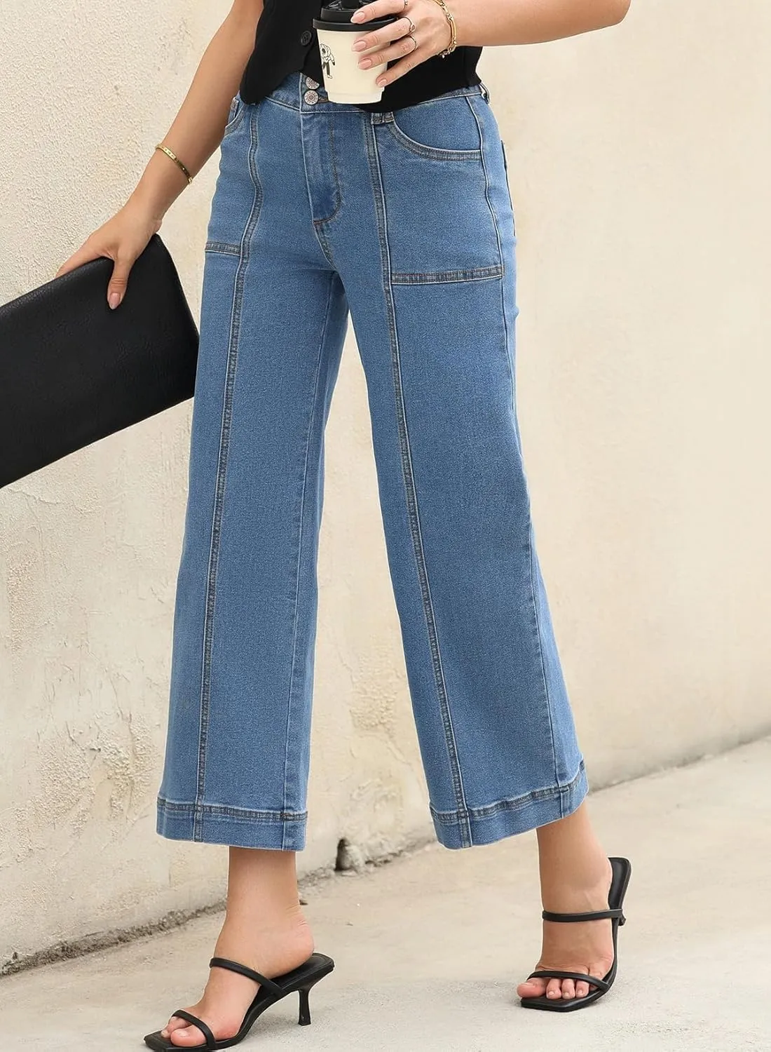 Astylish Womens High Waisted Wide Leg Jeans Cropped Straight Leg Denim Pants